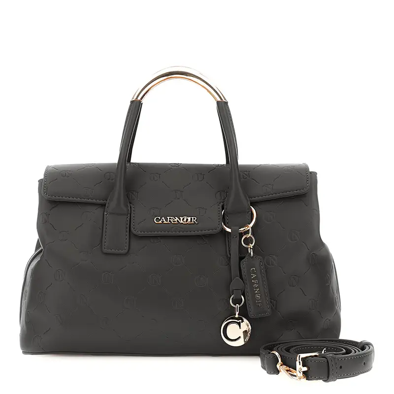 borsa in similepelle con pattina e manici tubolari nero