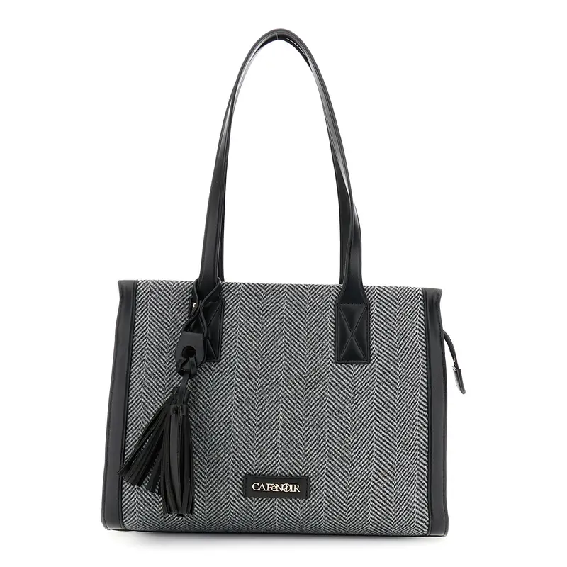 borsa in tessuto tweed con nappina e dettaglio logo nero