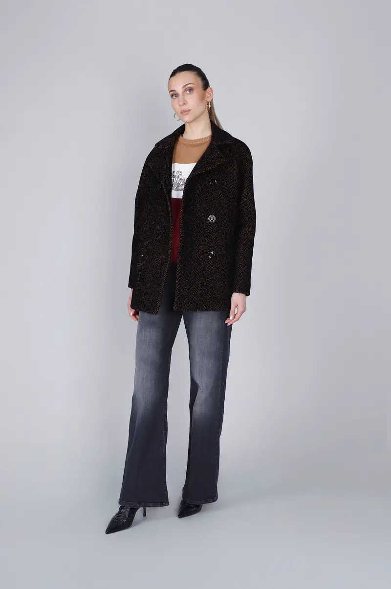 caban doppiopetto tessuto floccato caramello/nero