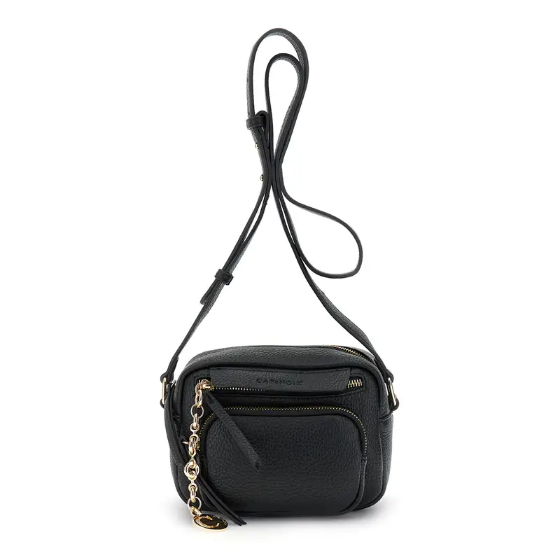 camera bag con tasche e charm in metallo nero