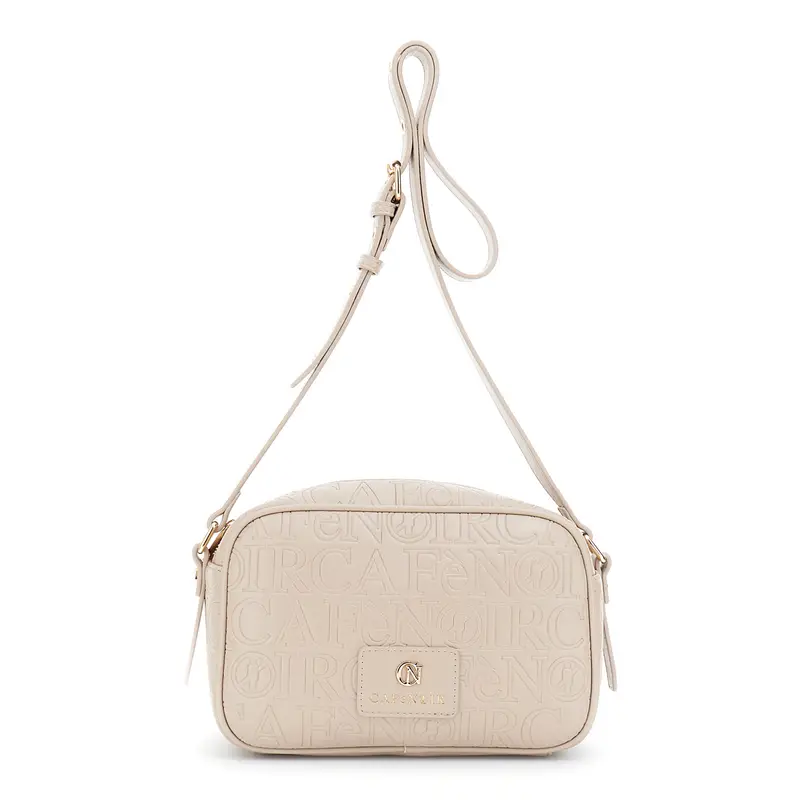 camera bag effetto pelle con embossed all over logato tortora