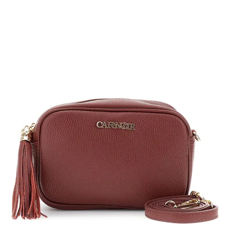 camera bag in pelle martellata con nappina bordeaux