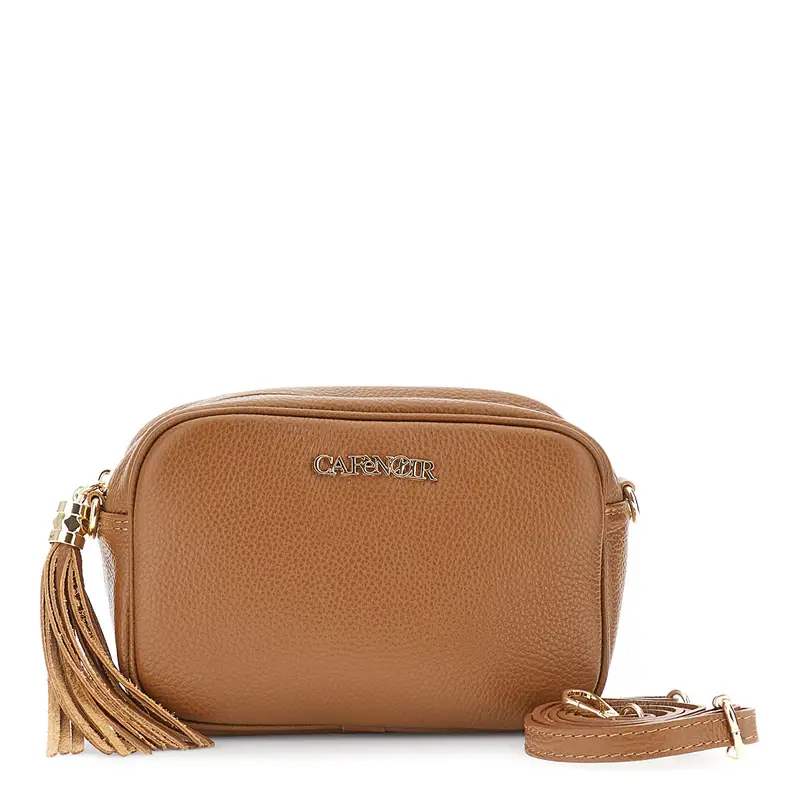 camera bag in pelle martellata con nappina cuoio