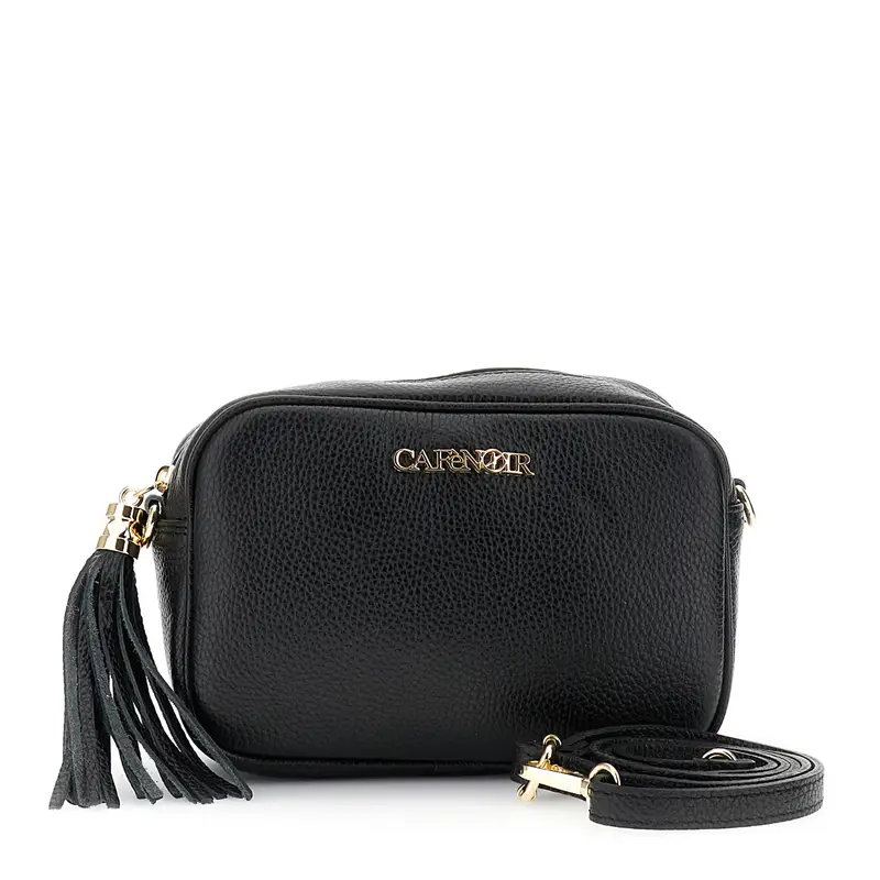 camera bag in pelle martellata con nappina nero