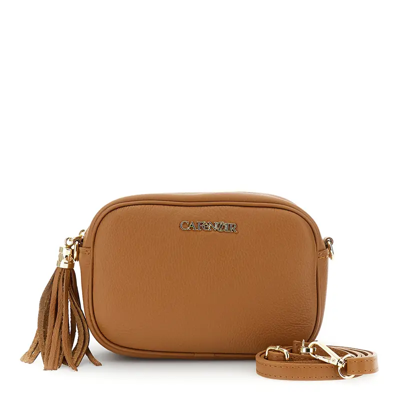 camera bag in pelle martellata con tracolla, moschettoni e nappina cuoio