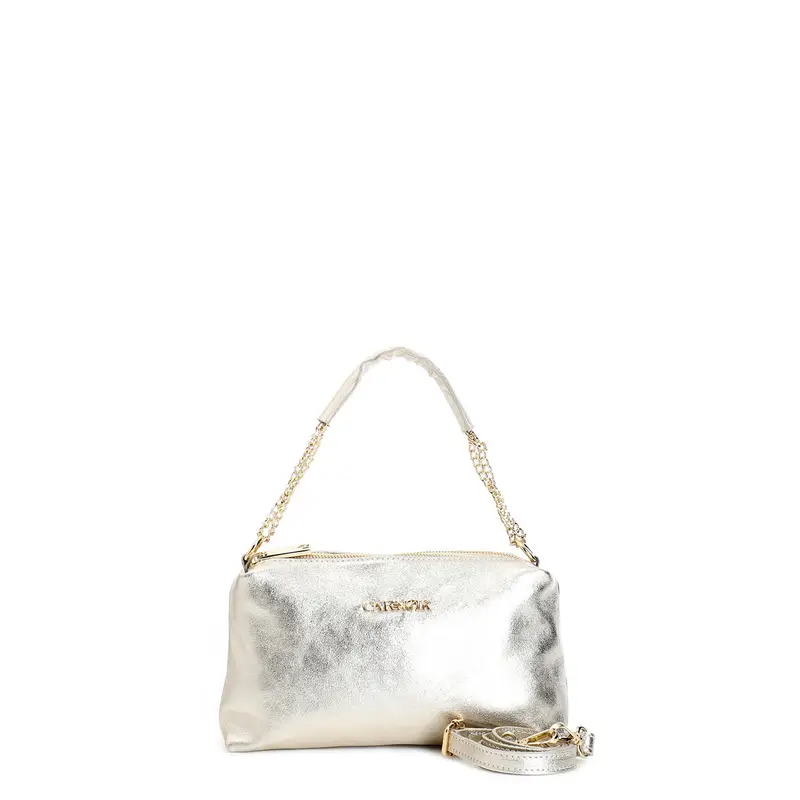 camera bag in pelle metallizzata con manico in catena con manigliotto e nappina platino