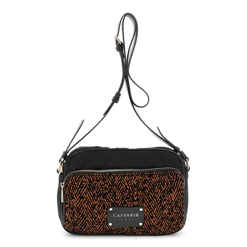 camera bag trapuntata in nylon con stampa floccato caramello/nero