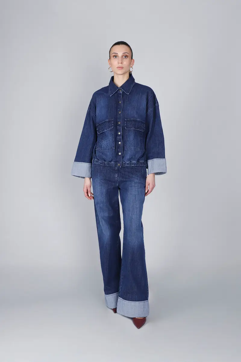camicia in denim con stras blu medio scuro