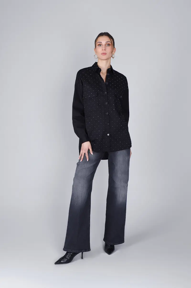 camicia in popeline con microborchie nero