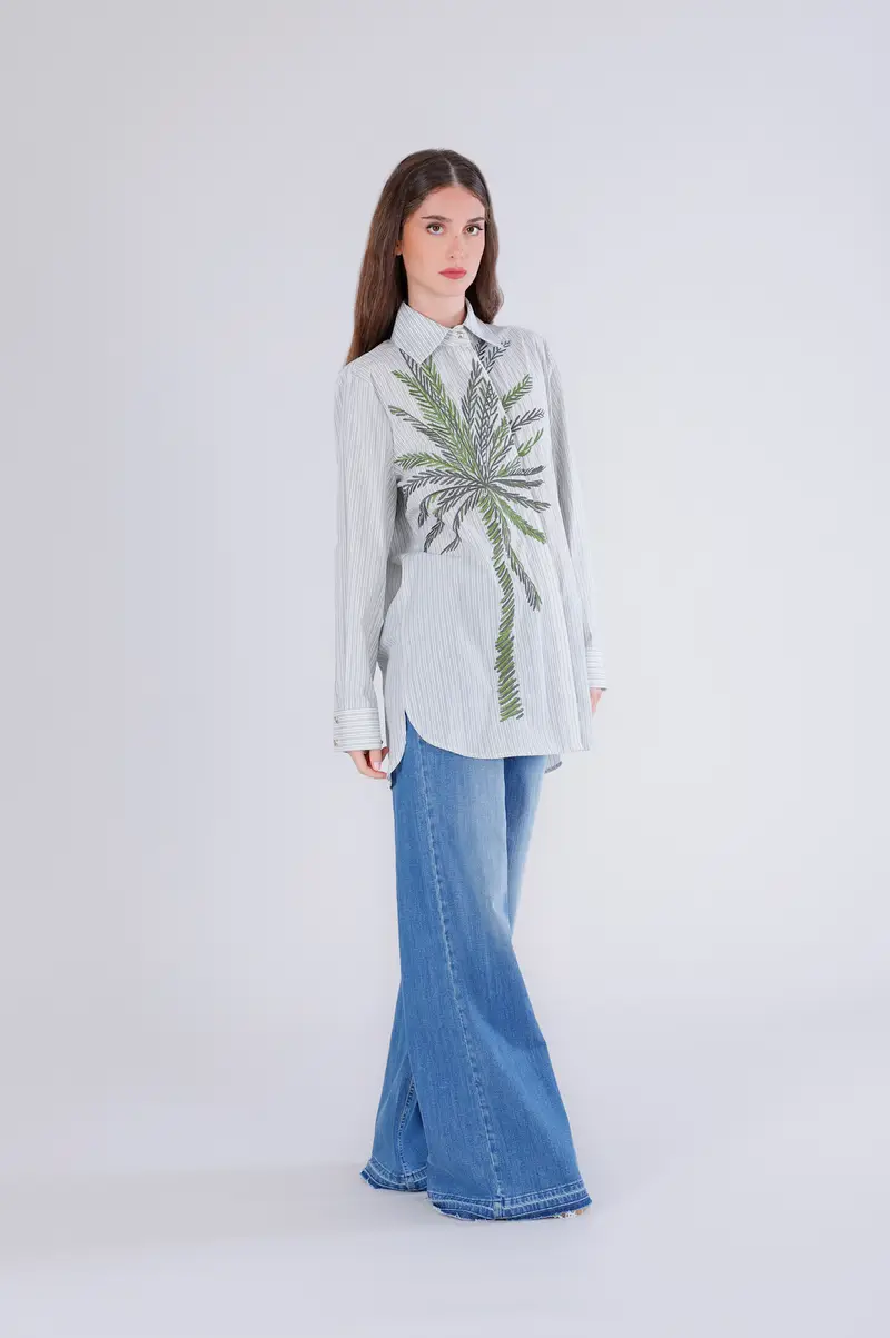 camicia rigata con palma ricamata rigato multiverde