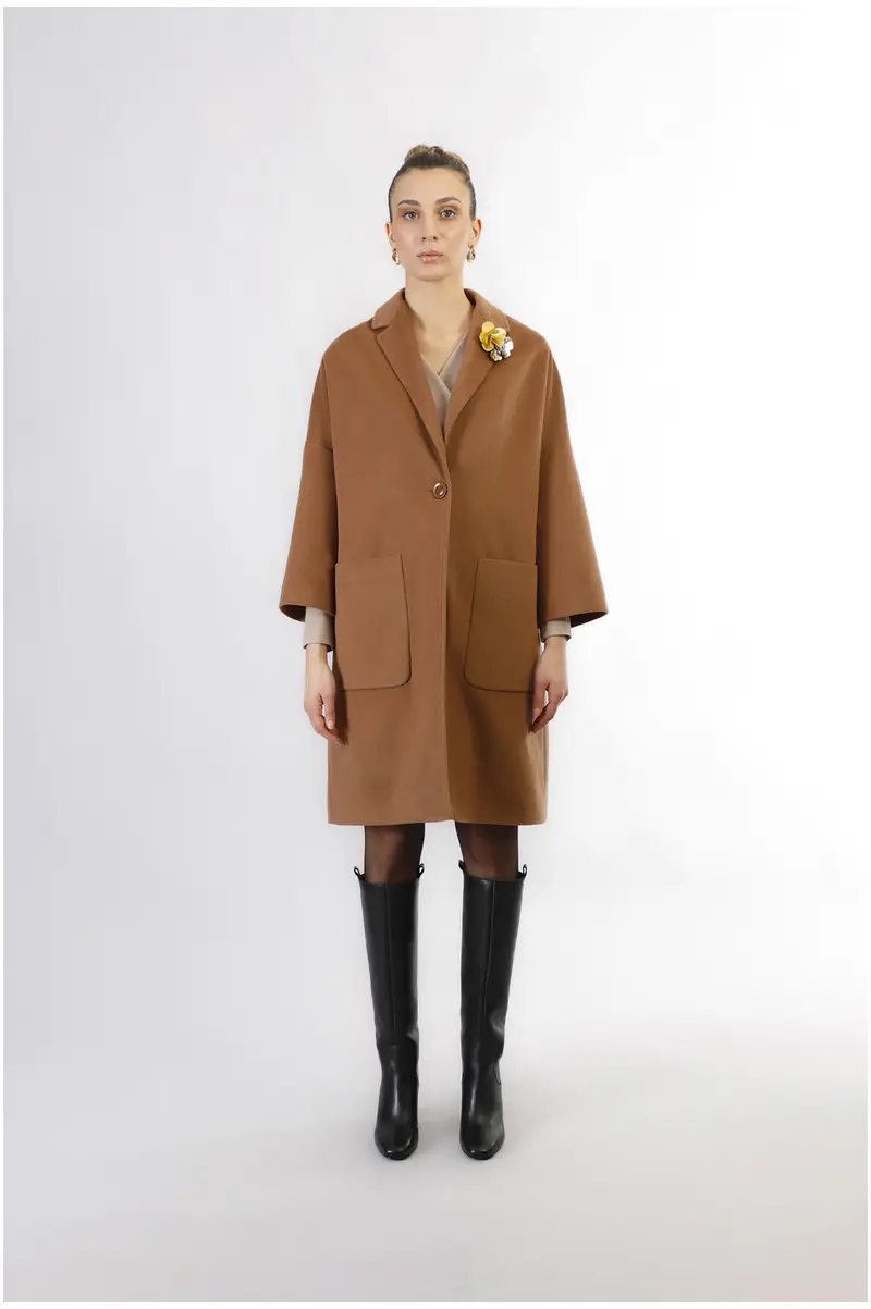 cappotto monopetto tasche a toppa tabacco