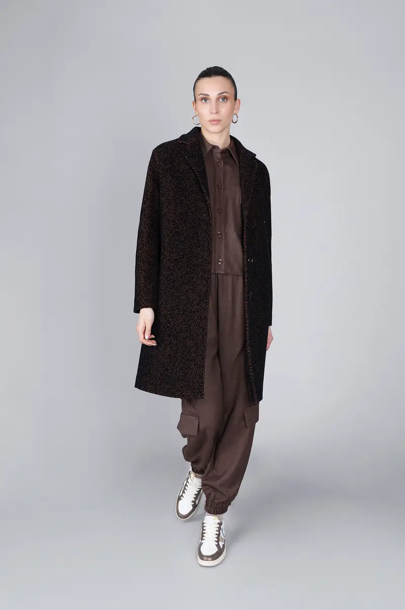 cappotto monopetto tessuto floccato caramello/nero