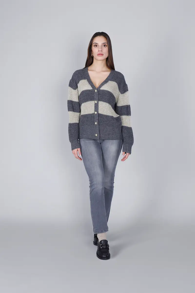 cardigan rigato con lurex multigrigio