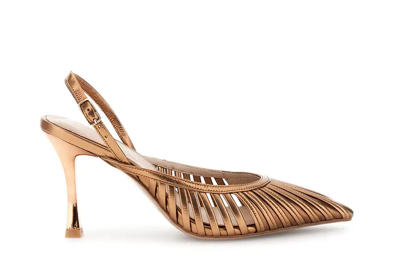 décollété aperta dietro listini in sintetico effetto pelle laminata bronzo