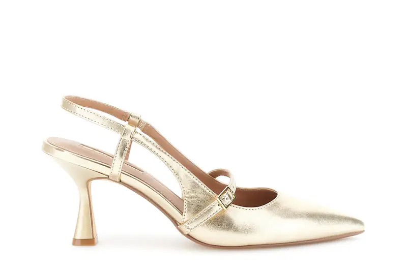 décolléte in materiale sintetico effetto pelle con fibbia platino