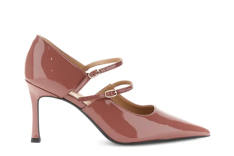 décolleté in vernice con doppia fibbia rosa antico