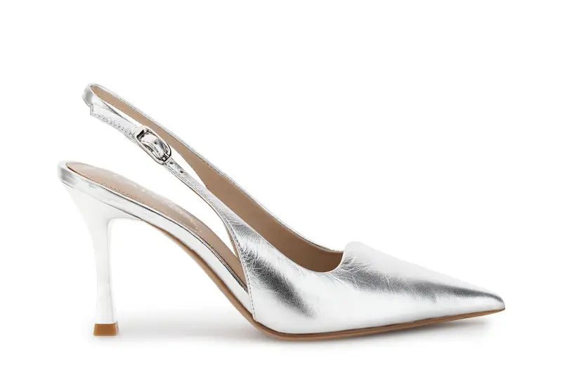 décolleté slingback in pelle laminata argento