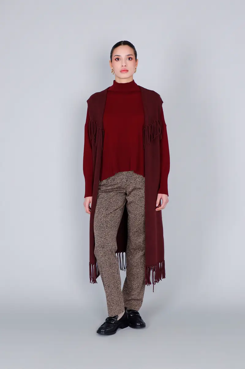 gilet oversize con frange vino