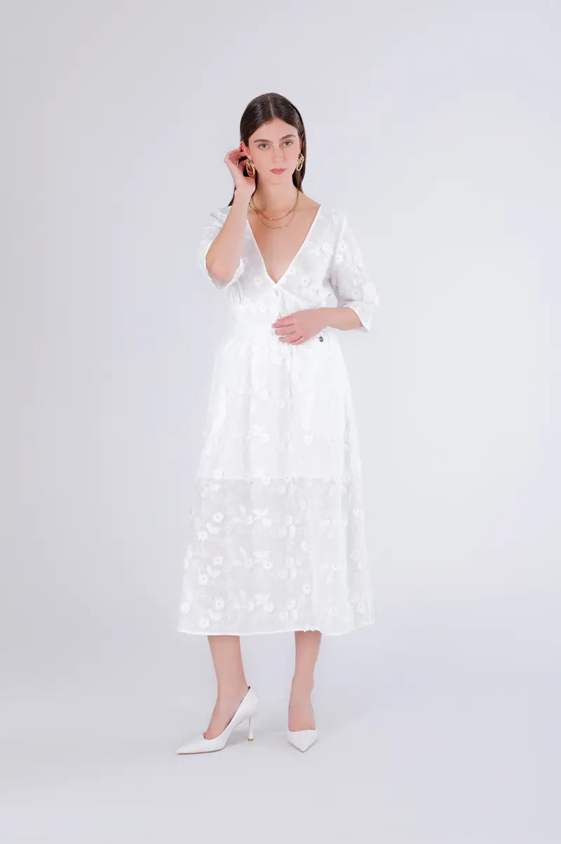 gonna mussola di cotone ricamata off white