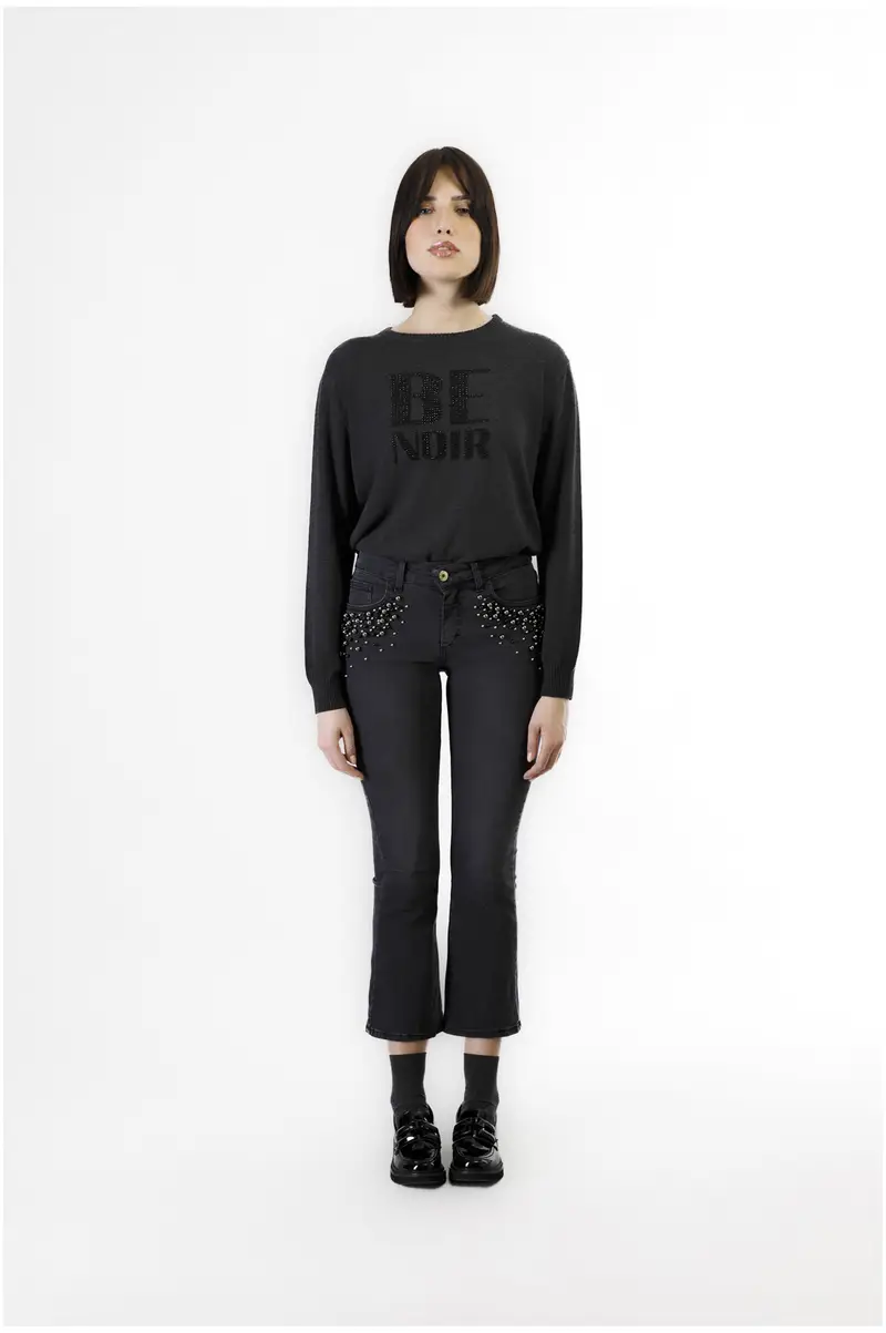 jeans denim cropped flare con perle alle tasche antracite