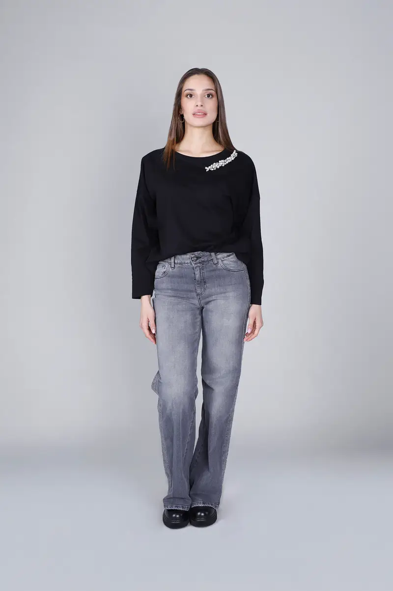 jeans denim wide leg con strass ai fianchi grigio