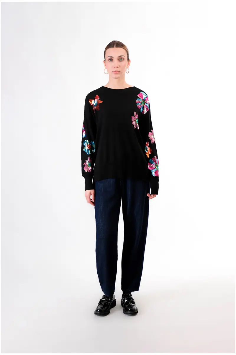 maglia con ricamo pailettes nero