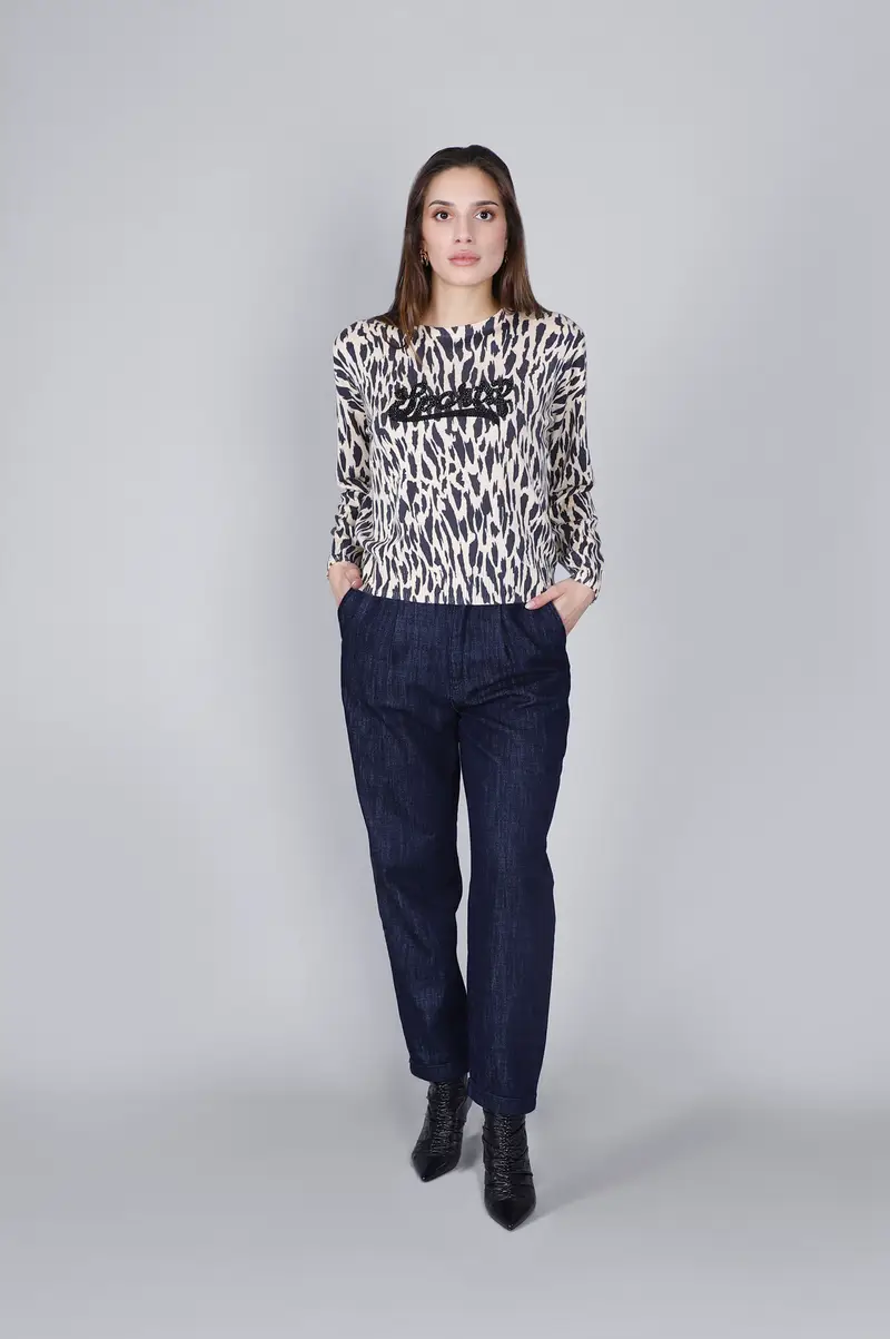 maglia girocollo stampata con strass multi animalier