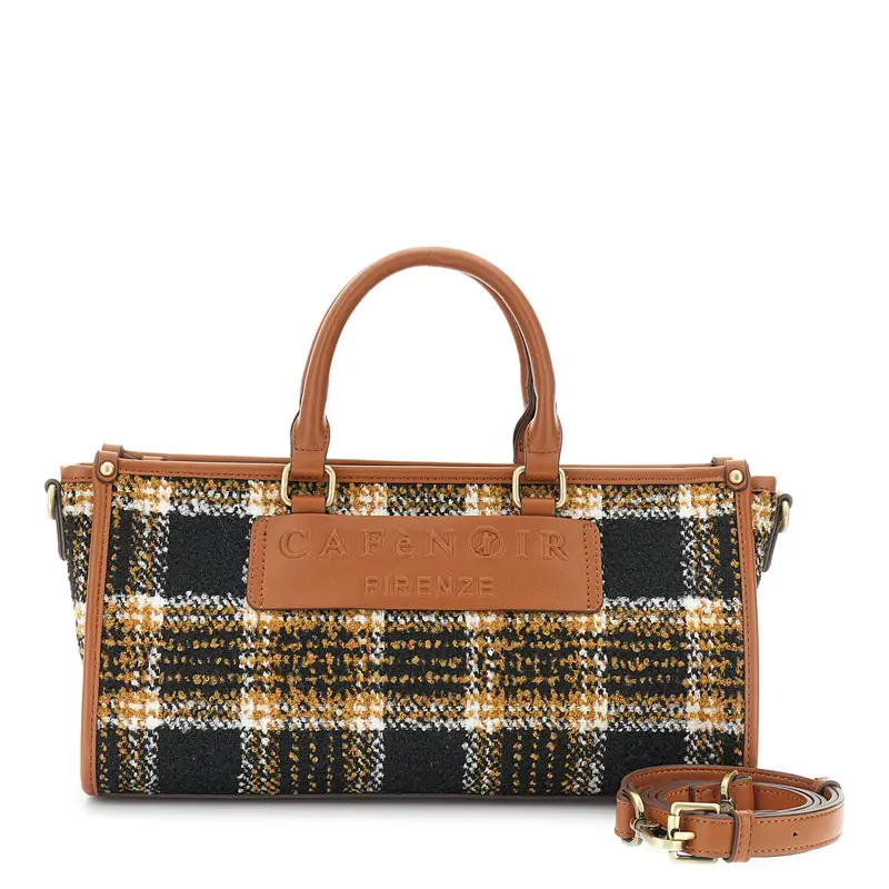 minibag in tessuto a quadri con placca logo a rilievo cuoio