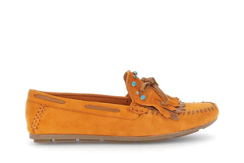 mocassini in pelle scamosciata con frangia arancio