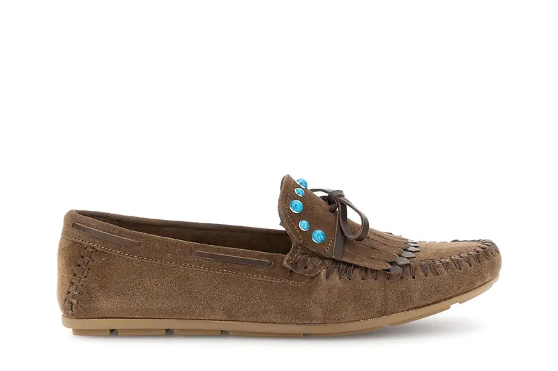 mocassini in pelle scamosciata con frangia taupe