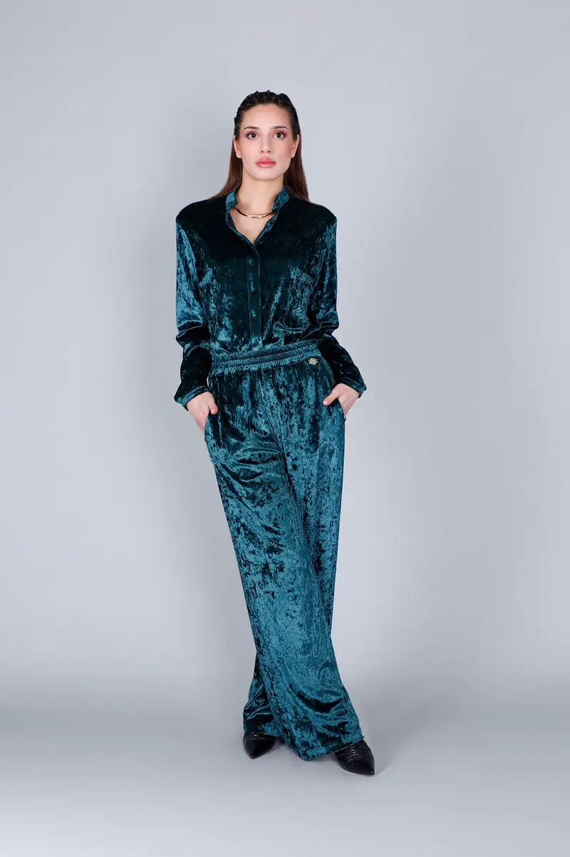 pantalone palazzo in ciniglia petrolio