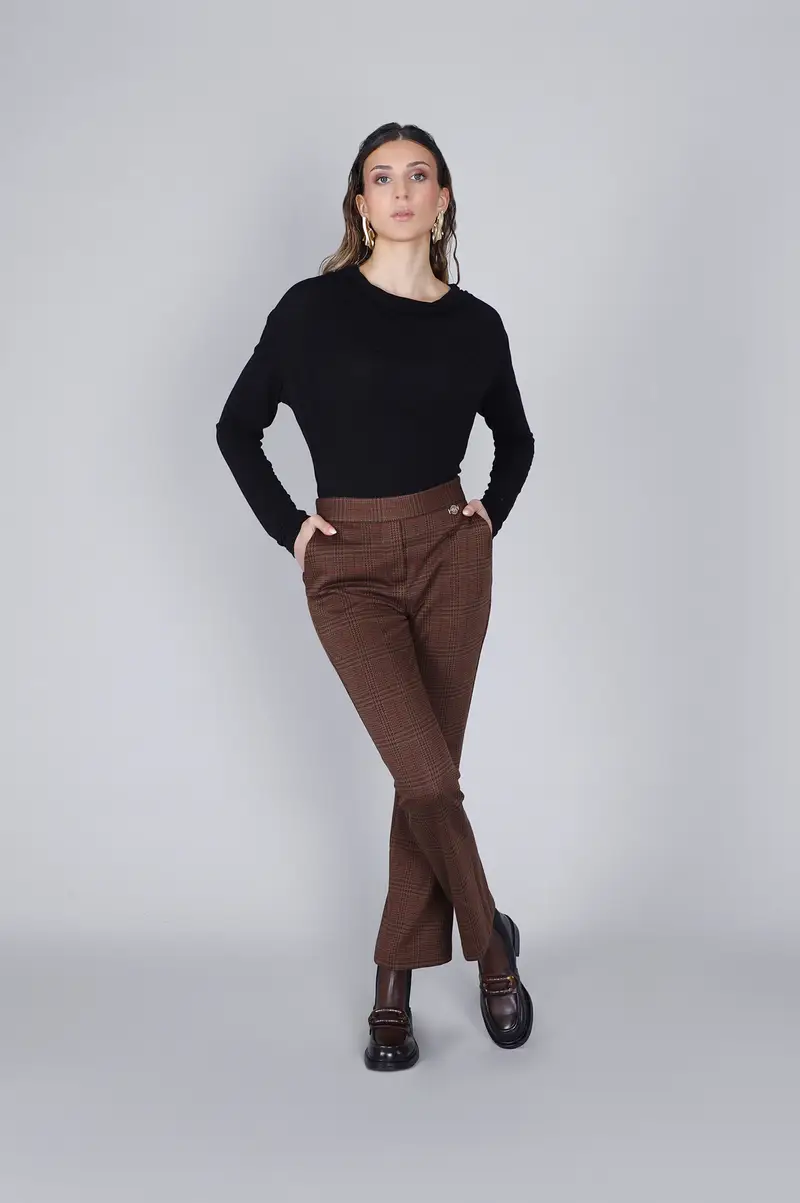 pantaloni a zampa cropped tessuto jacquard check cioccolato