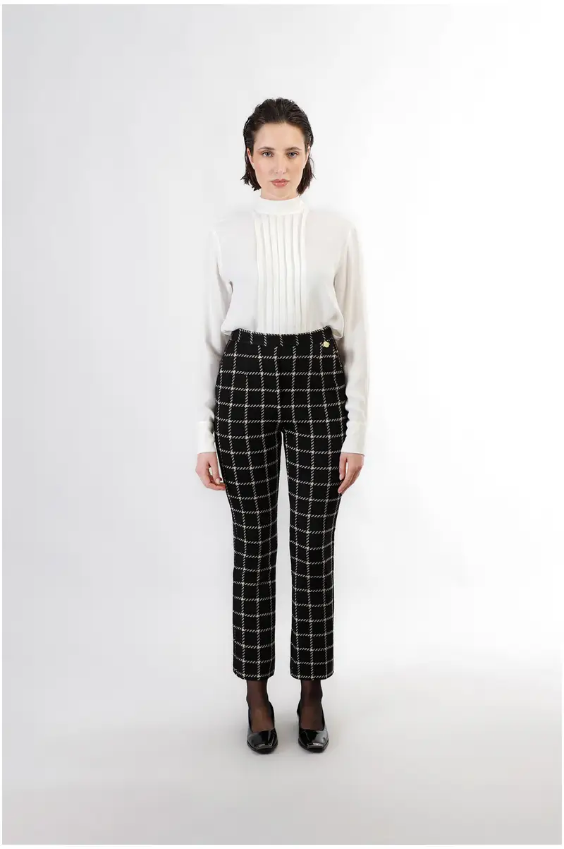 pantaloni a zampa cropped tessuto jacquard quadro multinero