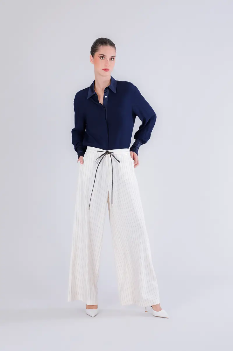 pantaloni gessati con cinturina in vita gessato corda