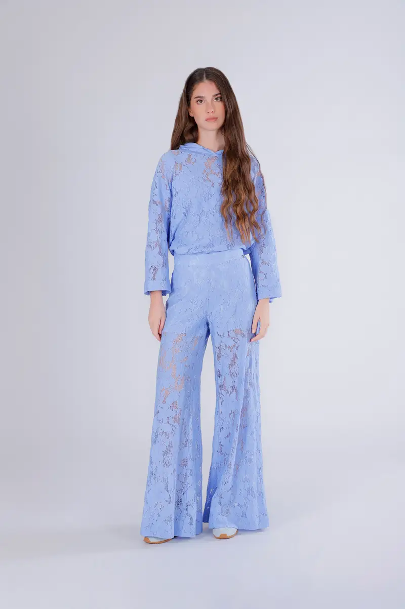 pantaloni palazzo in pizzo celeste