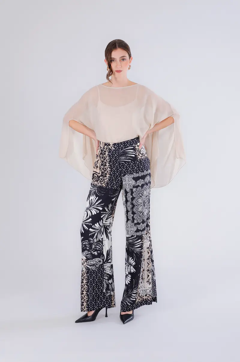 pantaloni palazzo in satin stampato multi patchwork