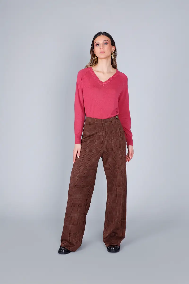 pantaloni palazzo tessuto jacquard check cioccolato