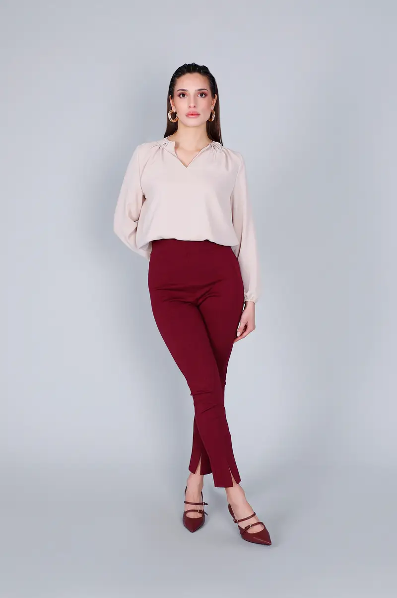 pantaloni skinny vita alta tessuto elasticizzato burgundy