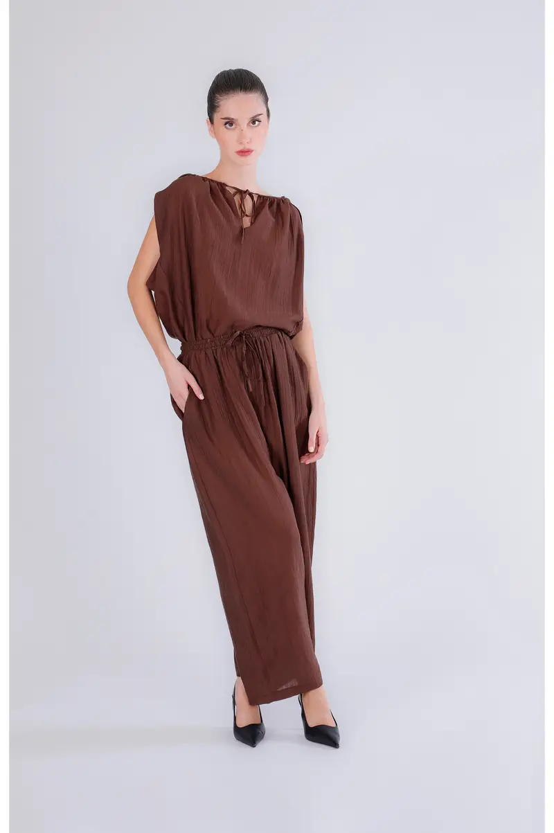 pantaloni vita elasticata tessuto arricciato espresso