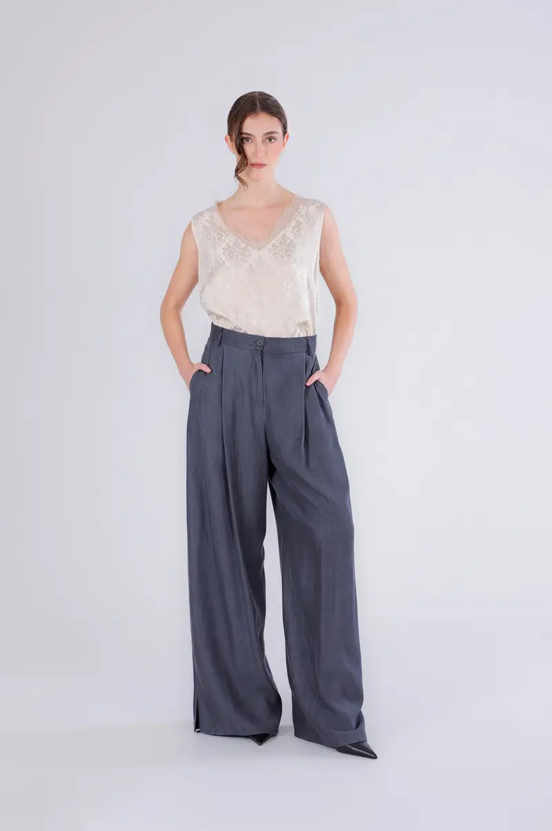 pantaloni wide in tencel denim lavagna