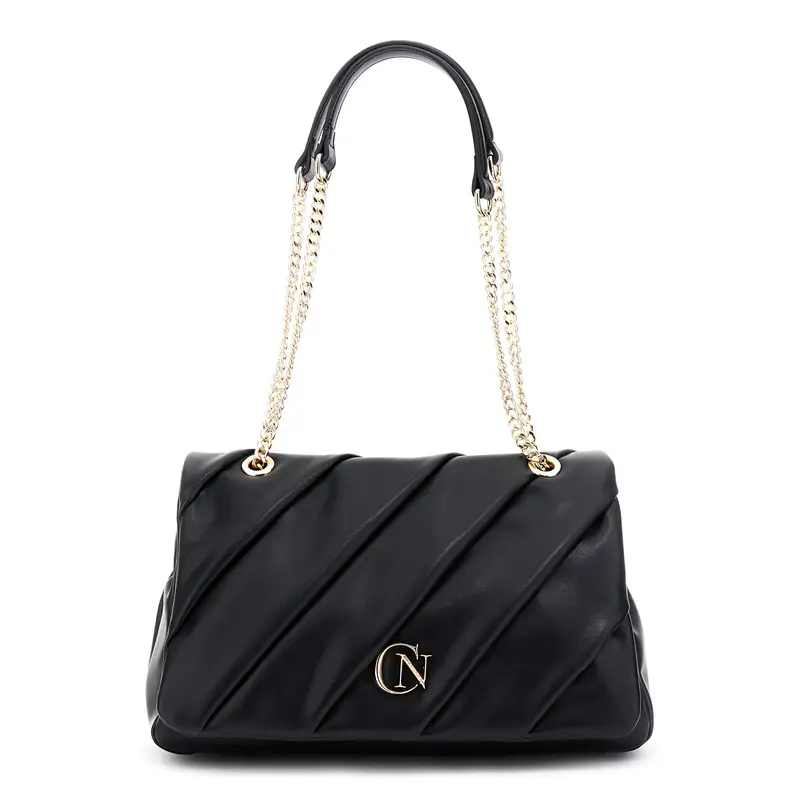 pattina effetto pelle liscia con catena e plissé nero