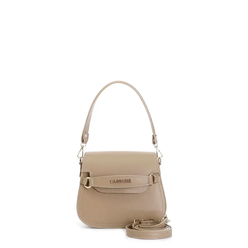 pattina in pelle con tracolla corta, passante con lettering taupe