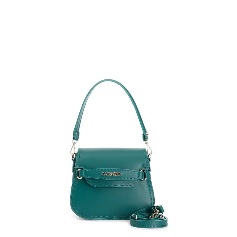 pattina in pelle con tracolla corta, passante con lettering verde