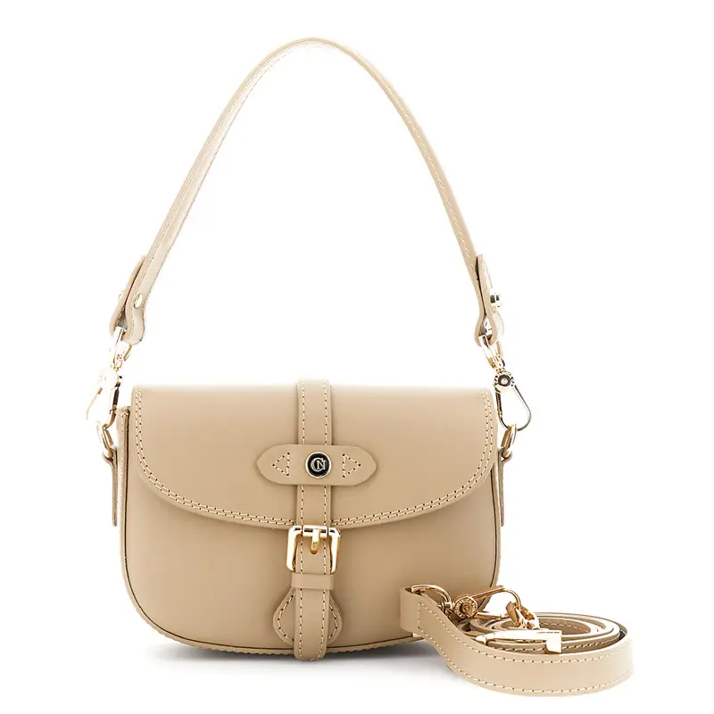 pattina in pelle con tracolla corta, passante con rivetto smaltato e fibbia taupe