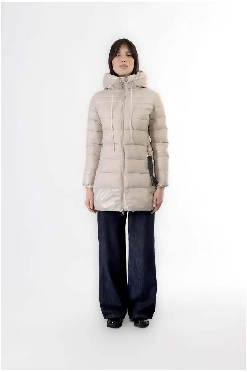 piumino lungo tessuto lucido e opaco avorio