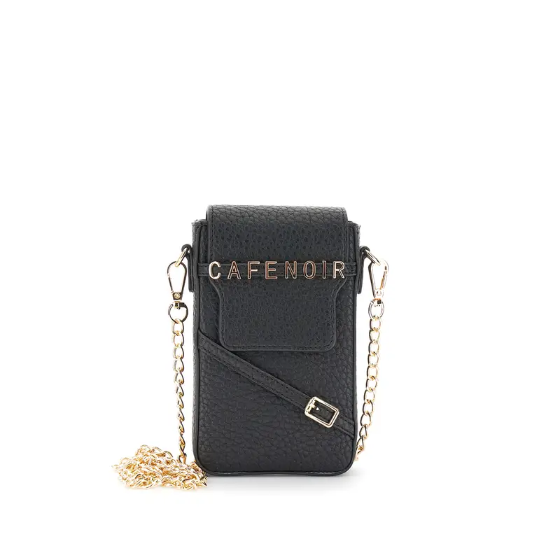 portacellulare effetto pelle con pattina, lettering e fibbia nero