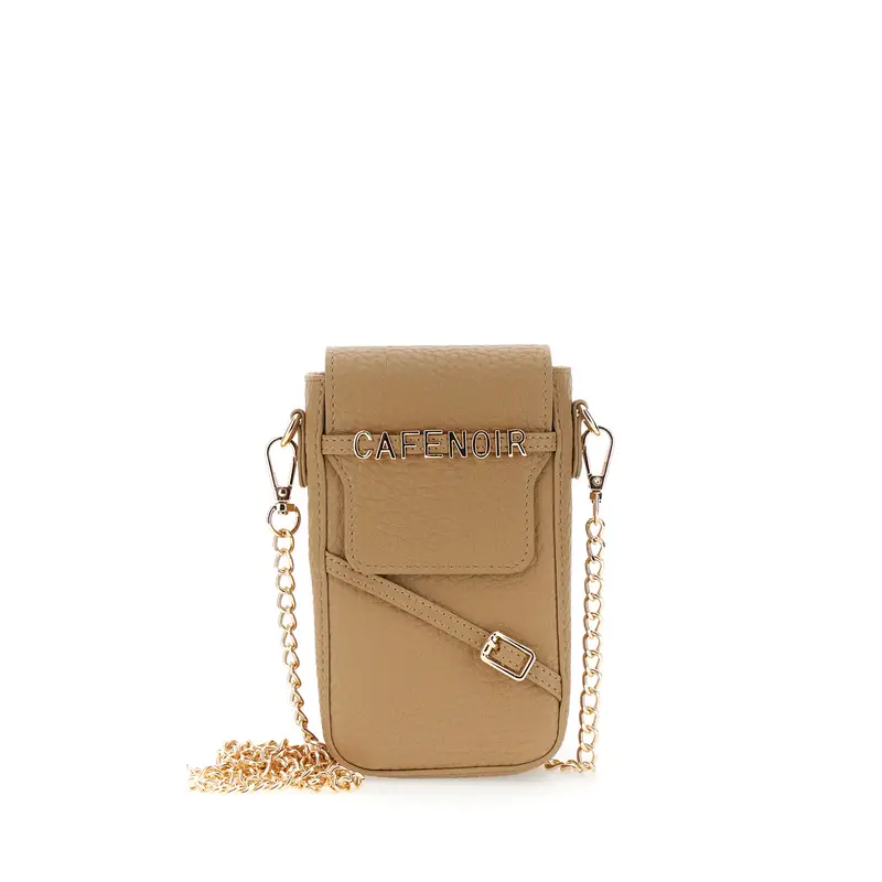 portacellulare effetto pelle con pattina, lettering e fibbia taupe