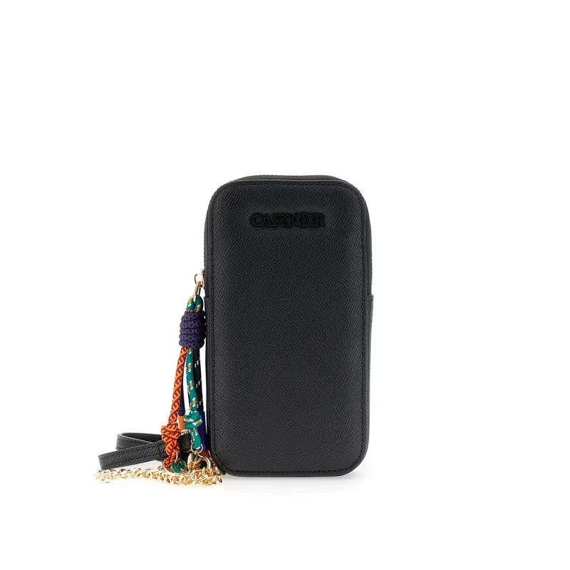 portacellulare effetto saffiano con logo e charms multicolor nero