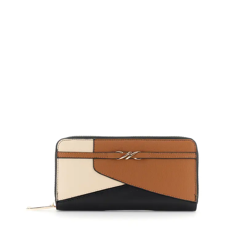 portafoglio effetto pelle con lavorazione patchwork e logo multicolor