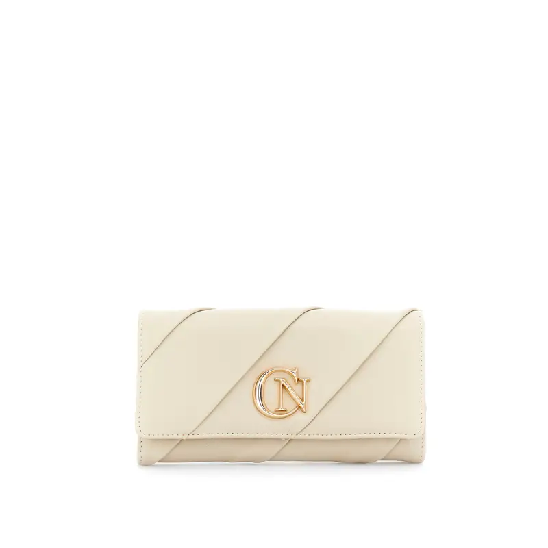 portafoglio effetto pelle con pattina e logo in metallo taupe